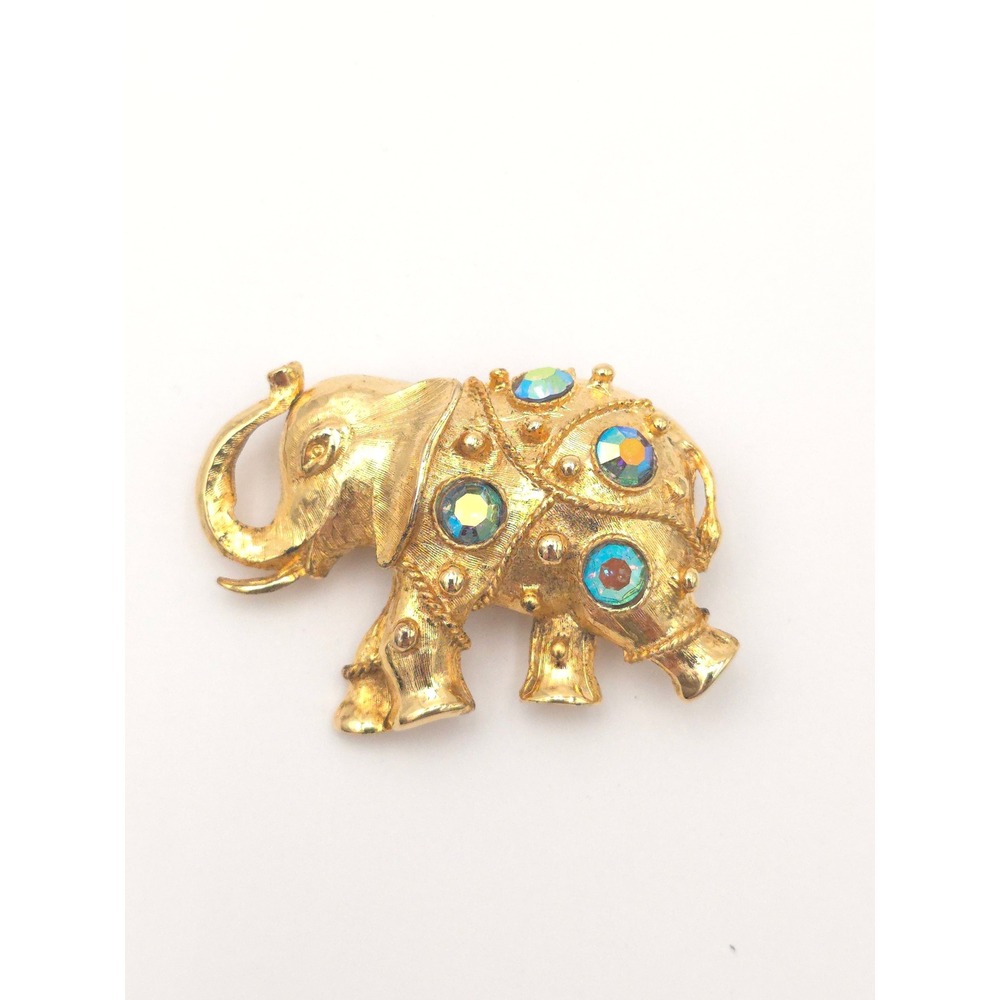 Vintage Gold Tone Elephant Brooch AB Rhinestone Ornate Animal Pin Trunk up lucky